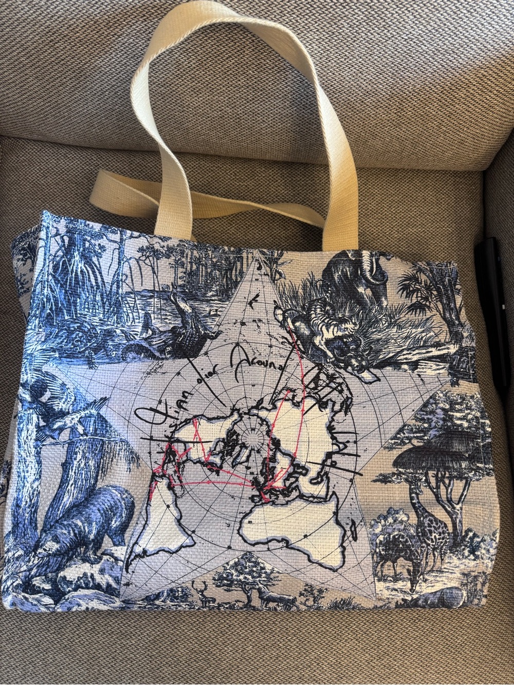 Dior Blue and Cream Toile Map Tote